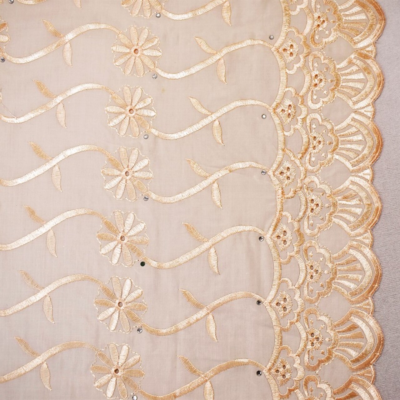 Light Beige Poly-Cotton Embroidered Scallop Rhinestone Woven Fabric By the Yard